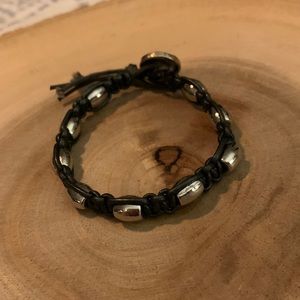 Purple Metallic Leather and Silver Bead Macramé Bracelet.